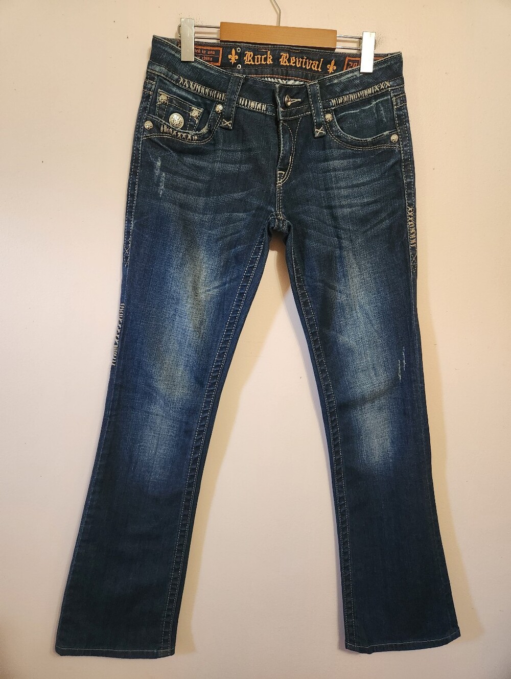 Rock Revival Celine Bootcut Jeans Dark Wash Thick Stitch Rhinestone Y2K McBling